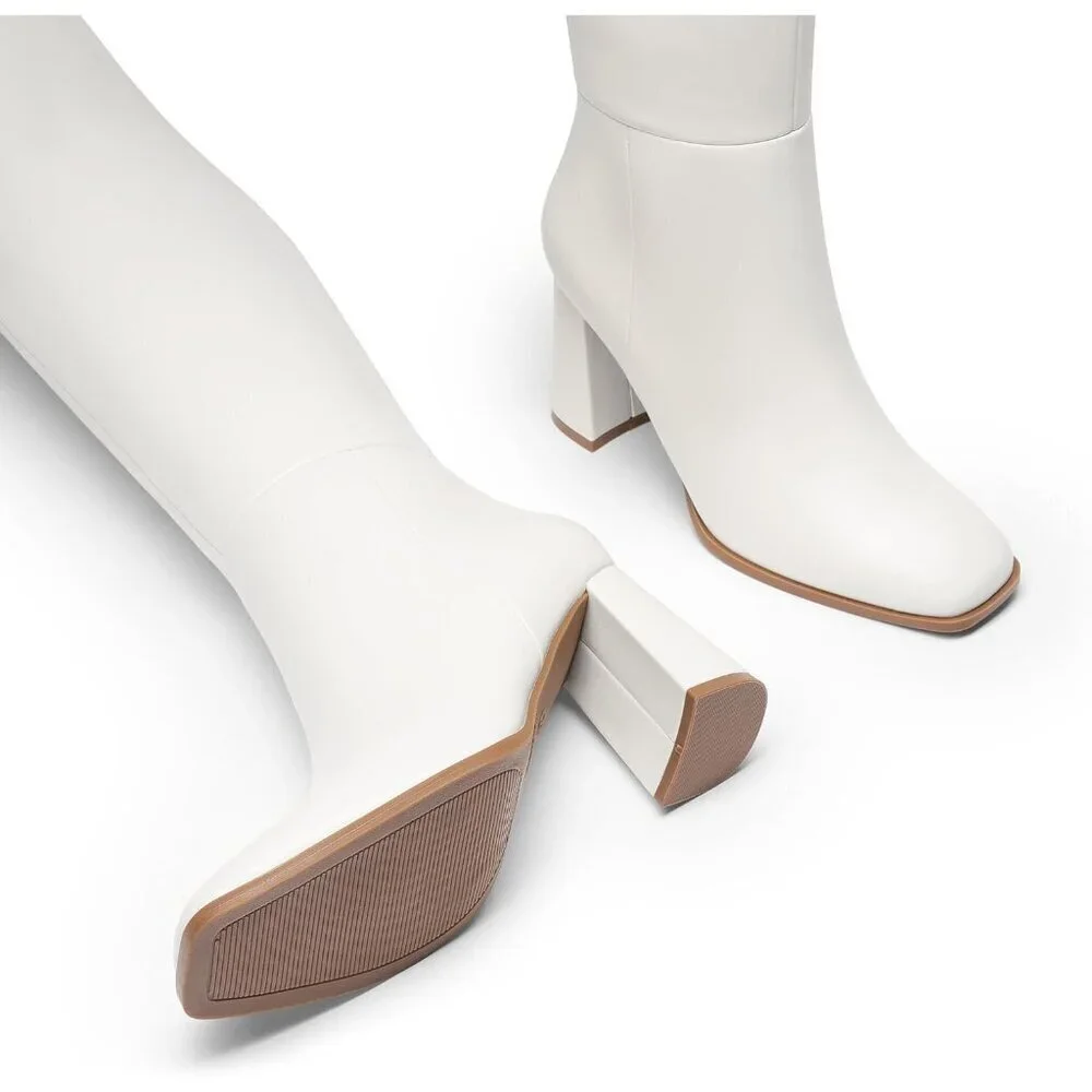 Women's White Faux Leather Thigh High Block Chunky Heeled Knee High Long Boots